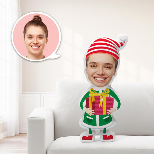 Personalized Minime Christmas Elf Holding Gift Box Pillow Unique Custom Minime Throw Doll Give Your Child The Most Meaningful Gift - makephotopuzzle