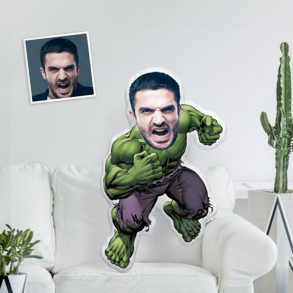 Custom Face Photo Minime Doll Personalized Hulk Minime Throw Pillow A Unique Cool Gift - makephotopuzzle