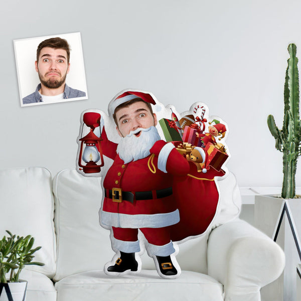 Personalized Face Photo Doll Santa Minime Throw Pillow Custom Santa With A Lot Of Gifts Throw Pillow Holding A Light And Giving A Gift - makephotopuzzle