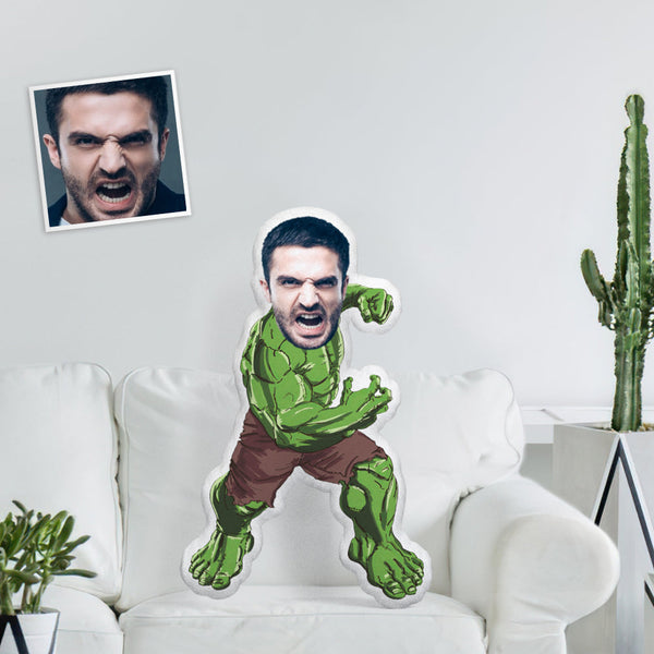 Personalized Face Photo Pillow Minime Doll Custom Hulk In Battle Throw Pillow For Family - makephotopuzzle