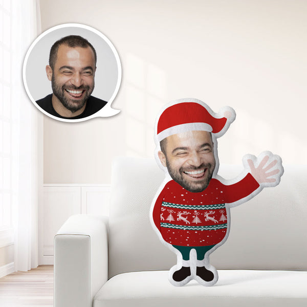 Chrismas Gift My Face Pillow Custom Pillow  Minime Throw Pillow Personalized the Man Say Hello Posture  in A Red Sweater Throw Pillow - makephotopuzzle
