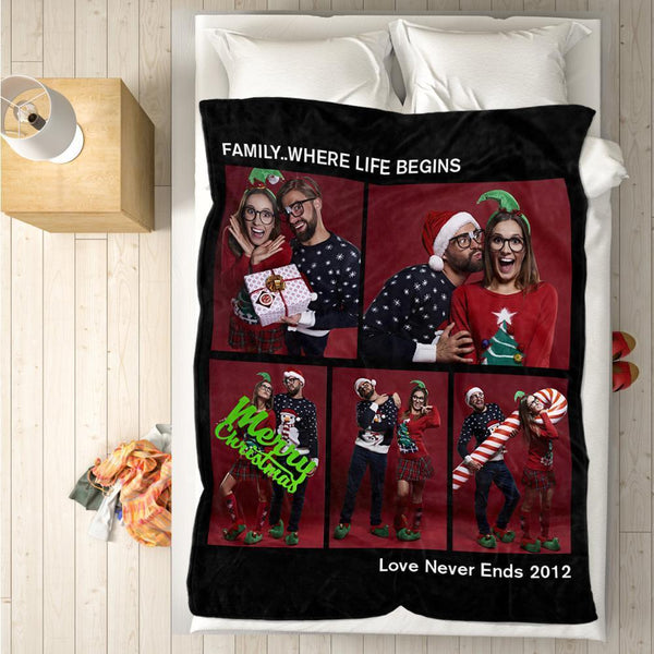 Personalized Family Fleece Photo Blanket with 5 Photos Festival Gift
