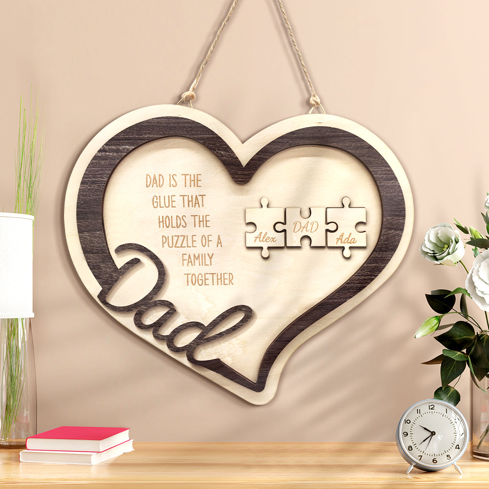 Personalized Wooden Heart Puzzle Sign Father's Day Gift for Dad
