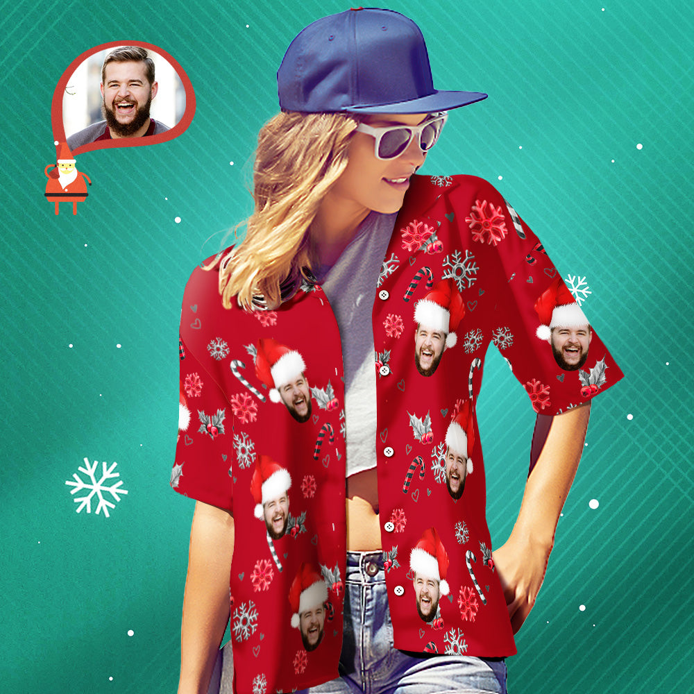 Custom Face Hawaiian Shirt Personalized Women's Photo Christmas Shirts With Candy Canes For Women