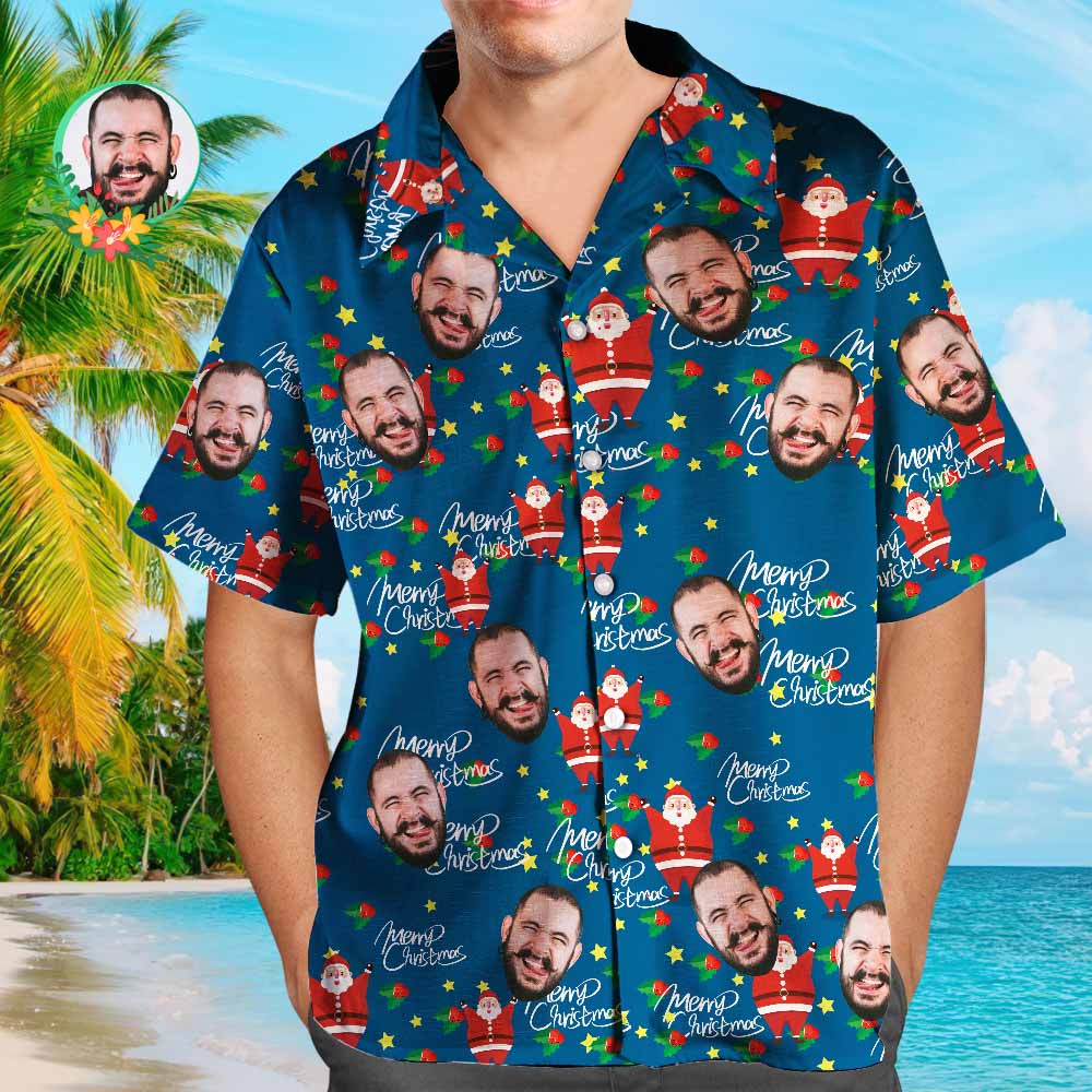 Custom Face Shirt Personalized Photo Men's Hawaiian Shirt Christmas Gift - Happy Santa