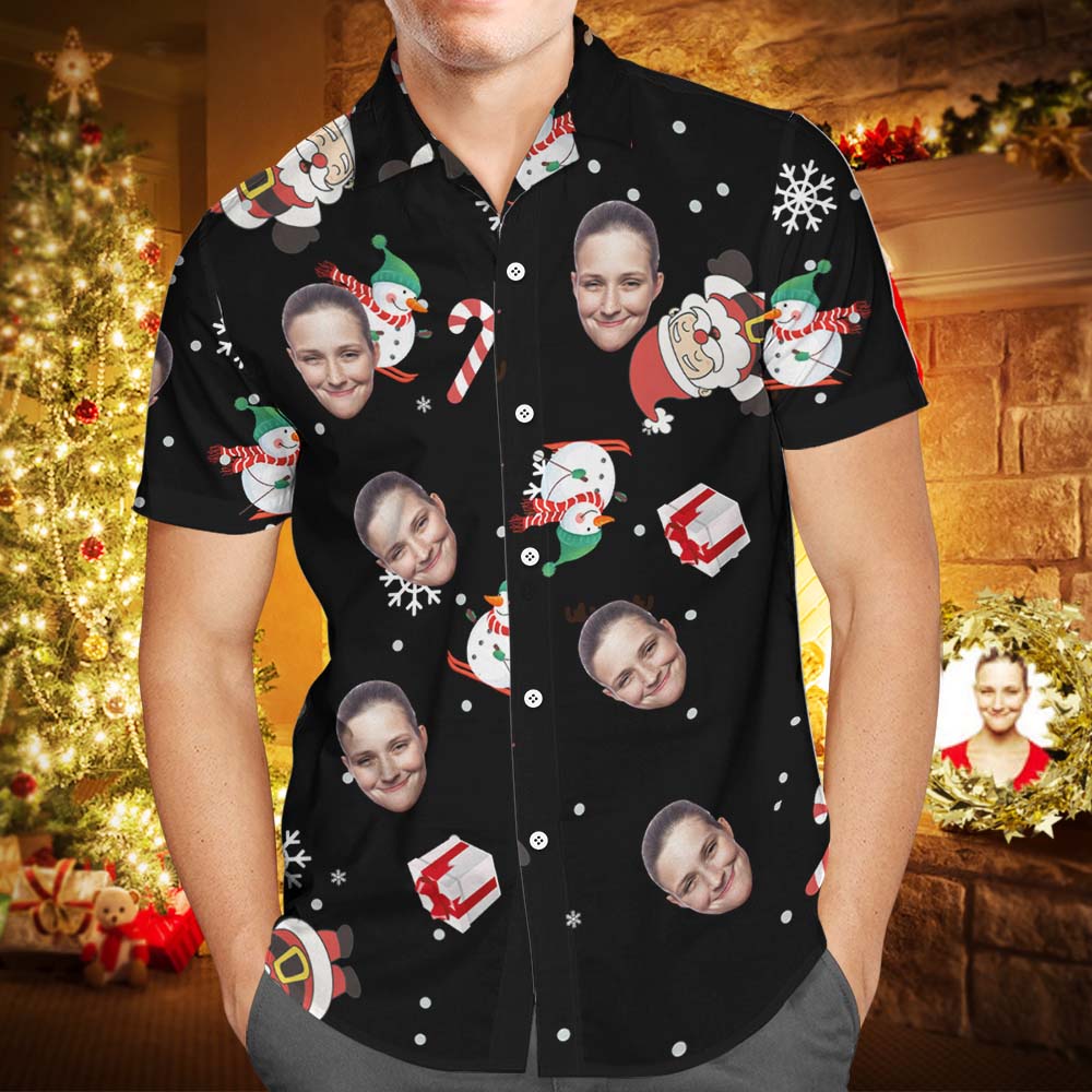 Custom Face Personalized Christmas Hawaiian Shirt Snowman Skiing Candy Cane Holiday Gifts